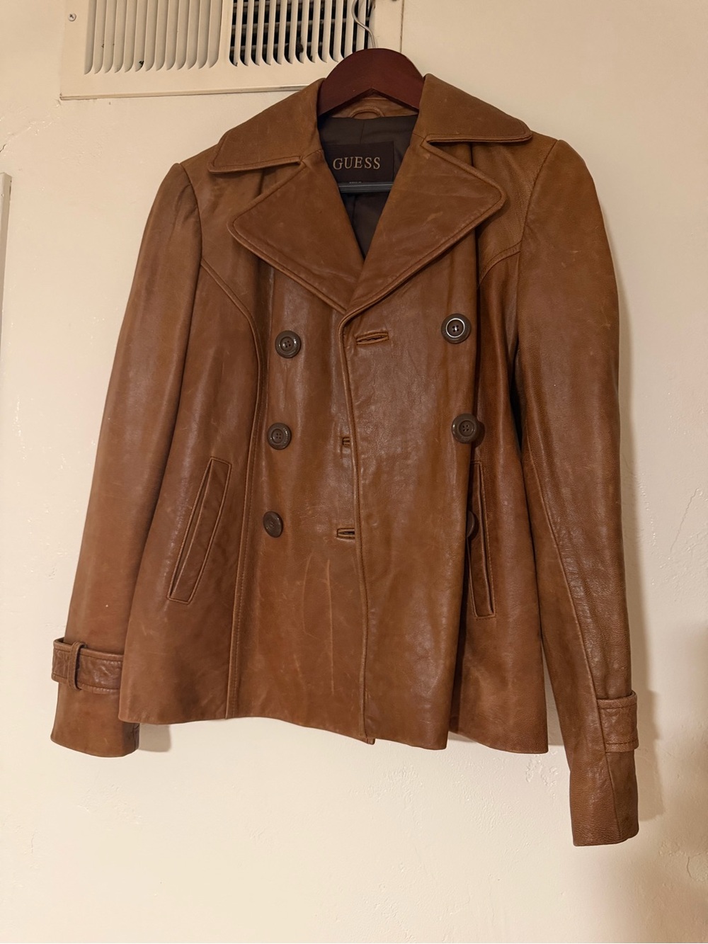 GUESS Tan Brown Leather Double-Breasted Peacoat